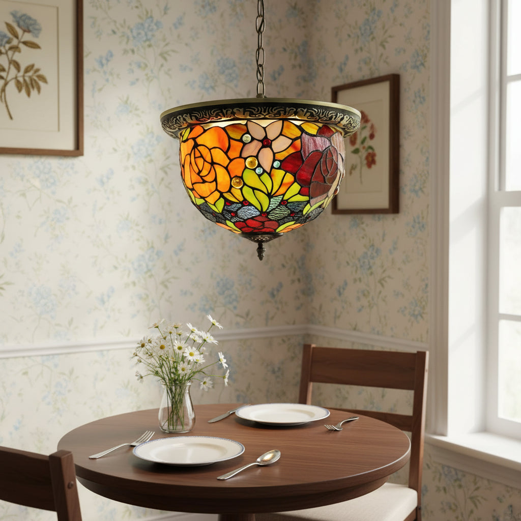 Plafonnier Tiffany Floral en Verre et Fer Forgé
