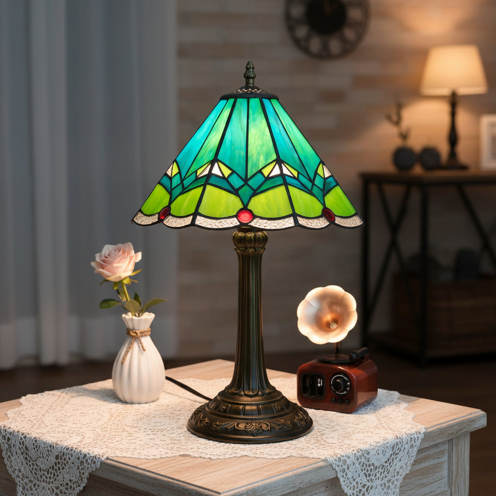 Lampe de Table en Vitrail Style Tiffany Vert Géométrique