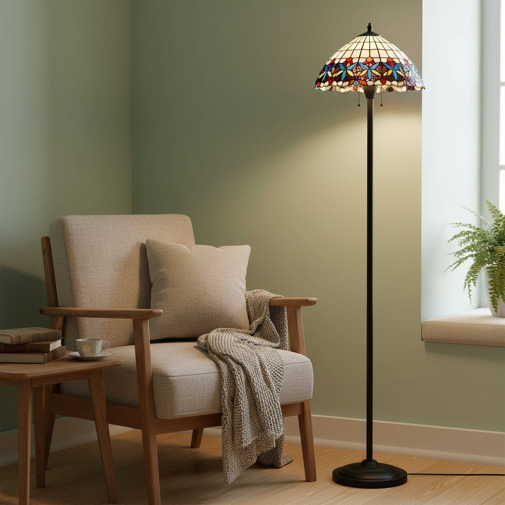 Lampadaire Style Tiffany avec Abat-jour Vitrail Géométrique