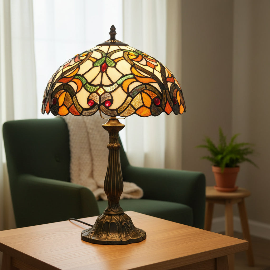 Lampe de Table Tiffany en Vitrail Ambre et Rouge