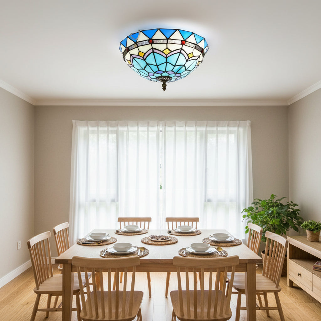 Plafonnier Dôme en Vitrail Tiffany Bleu Géométrique