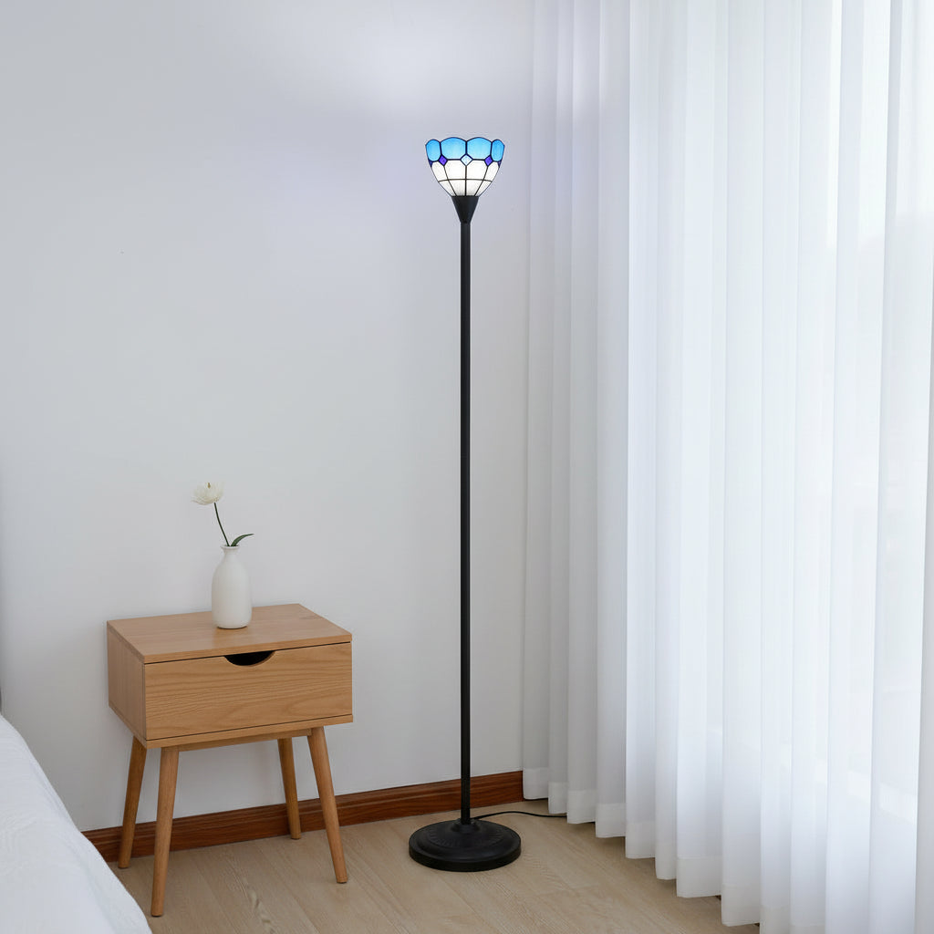Lampadaire en Vitrail Bleu et Blanc à Forme de Tulipe