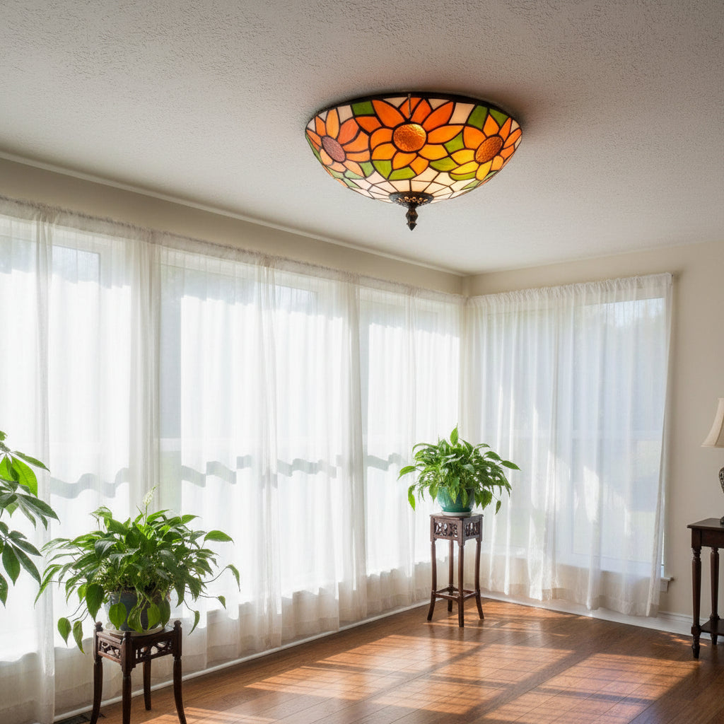 Plafonnier Rond en Vitrail Style Tiffany Tournesol