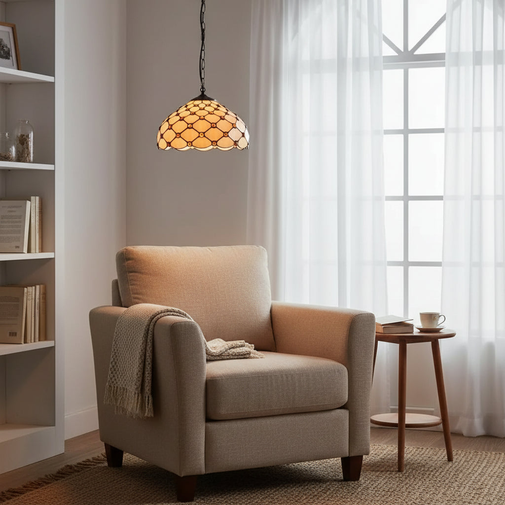 Suspension Luminaire Style Tiffany avec Joyaux Ambrés