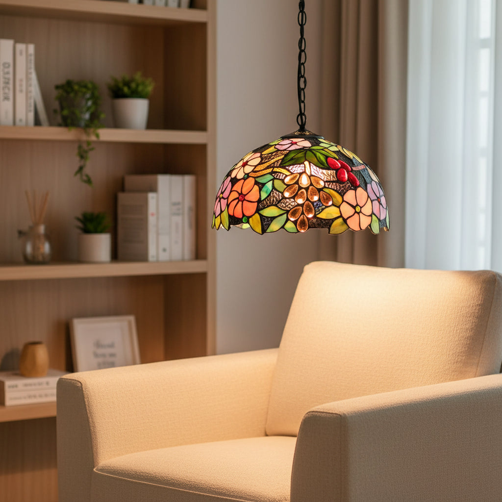 Suspension Vitrail Multicolore Motif Fleurs et Raisins