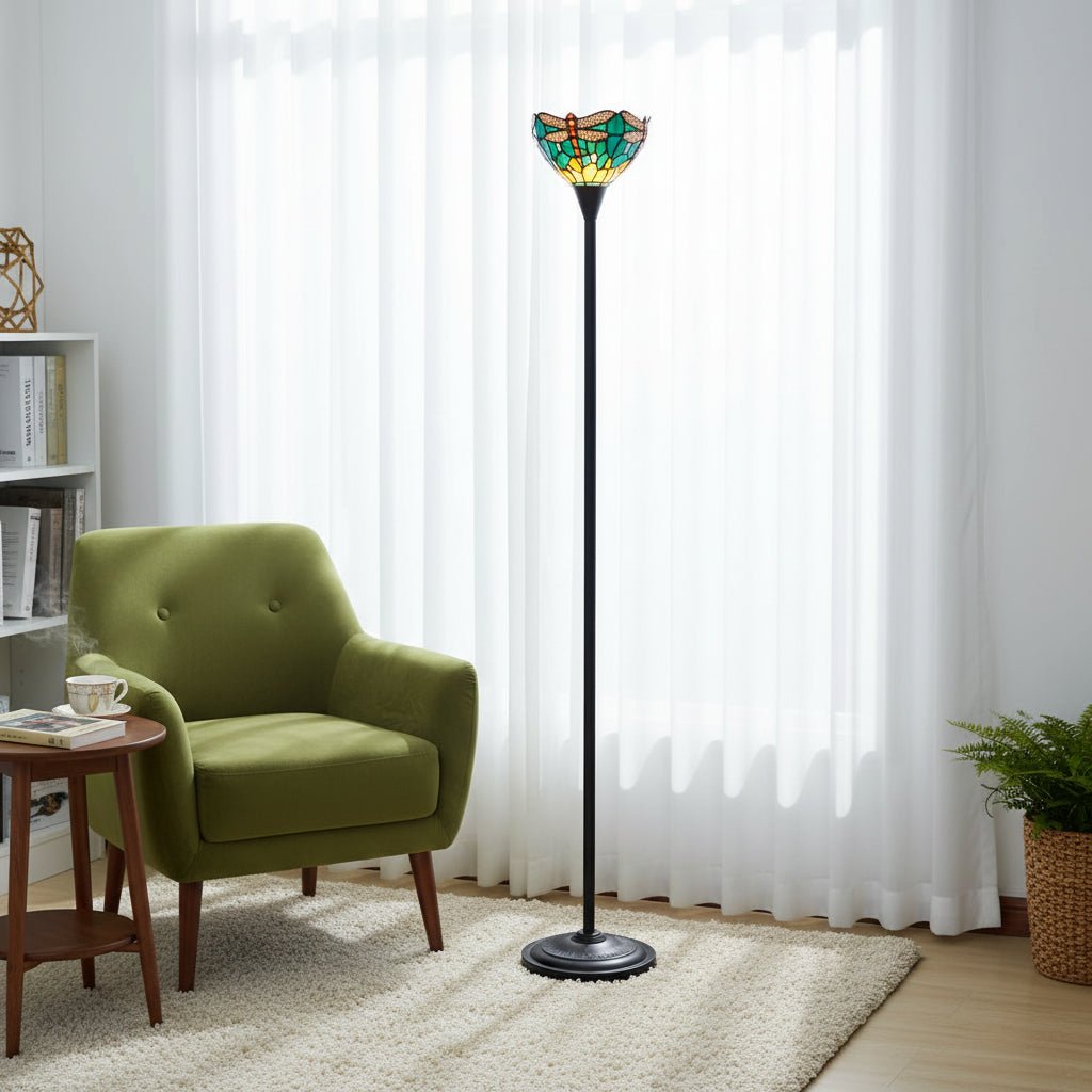 Lampadaire Style Tiffany en Vitrail Libellules