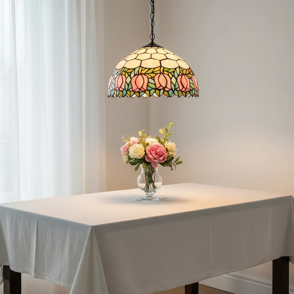 Suspension Tiffany à Tulipes Roses en Verre 30cm