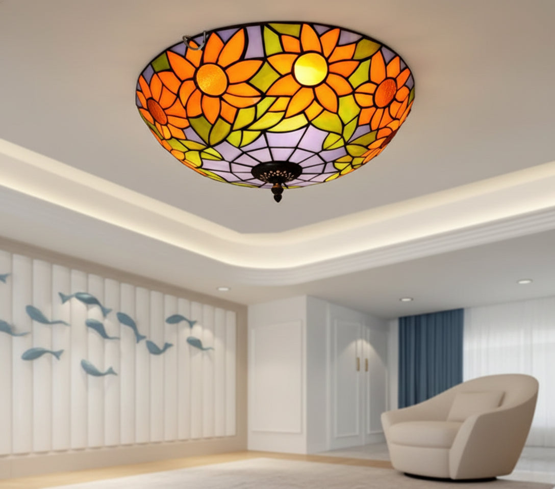 Plafonnier en Vitrail Style Tiffany Tournesols