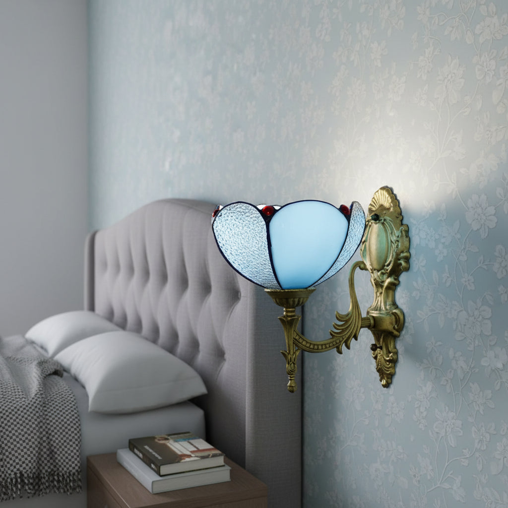 Applique Murale Vintage en Verre Opale Bleu et Laiton Antique