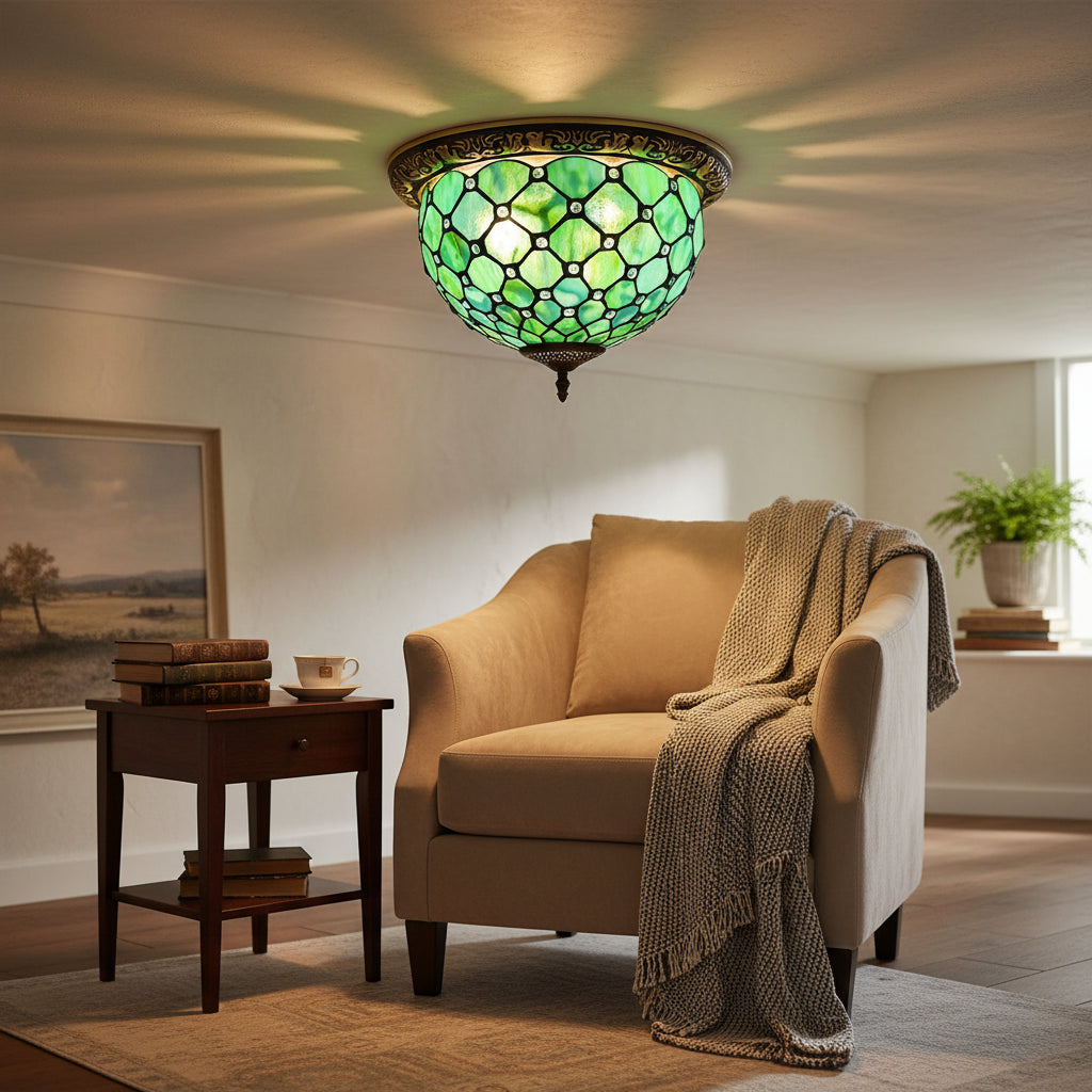 Plafonnier Style Tiffany en Vitrail Vert
