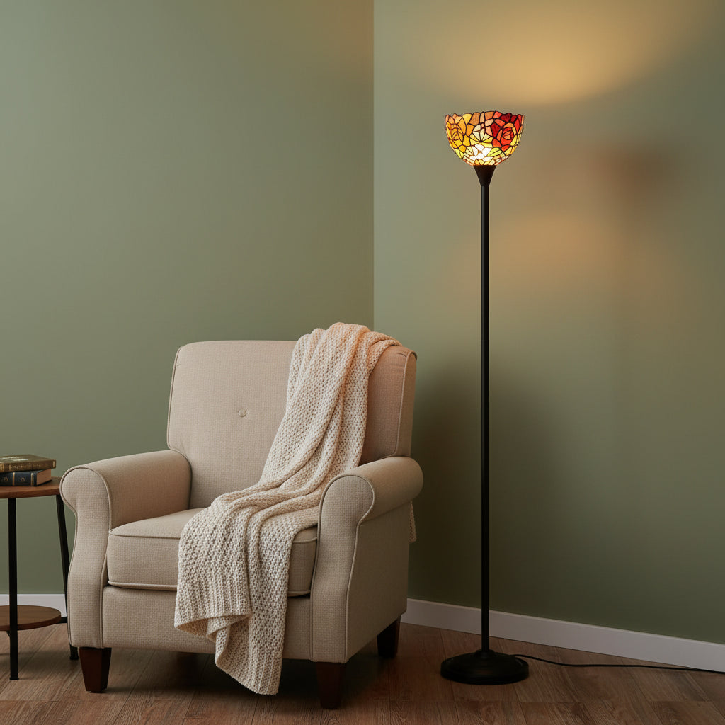 Lampadaire Style Tiffany en Verre Teinté Floral