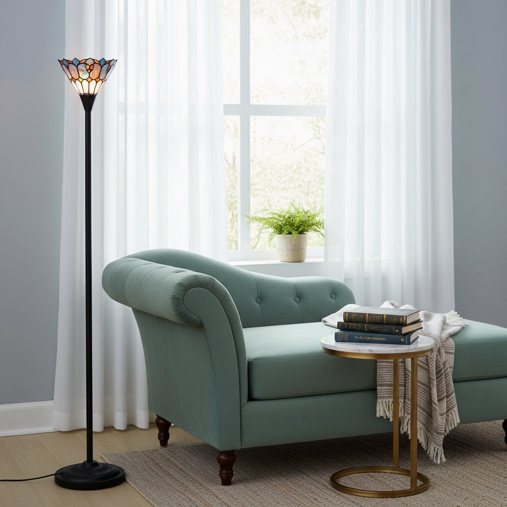 Lampadaire Tiffany en Vitrail Fleurs et Papillons