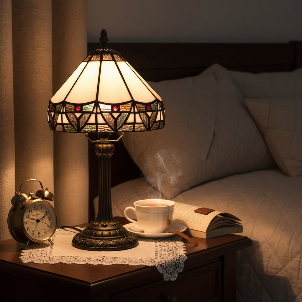 Lampe de Chevet en Vitrail Géométrique Style Tiffany Bronze