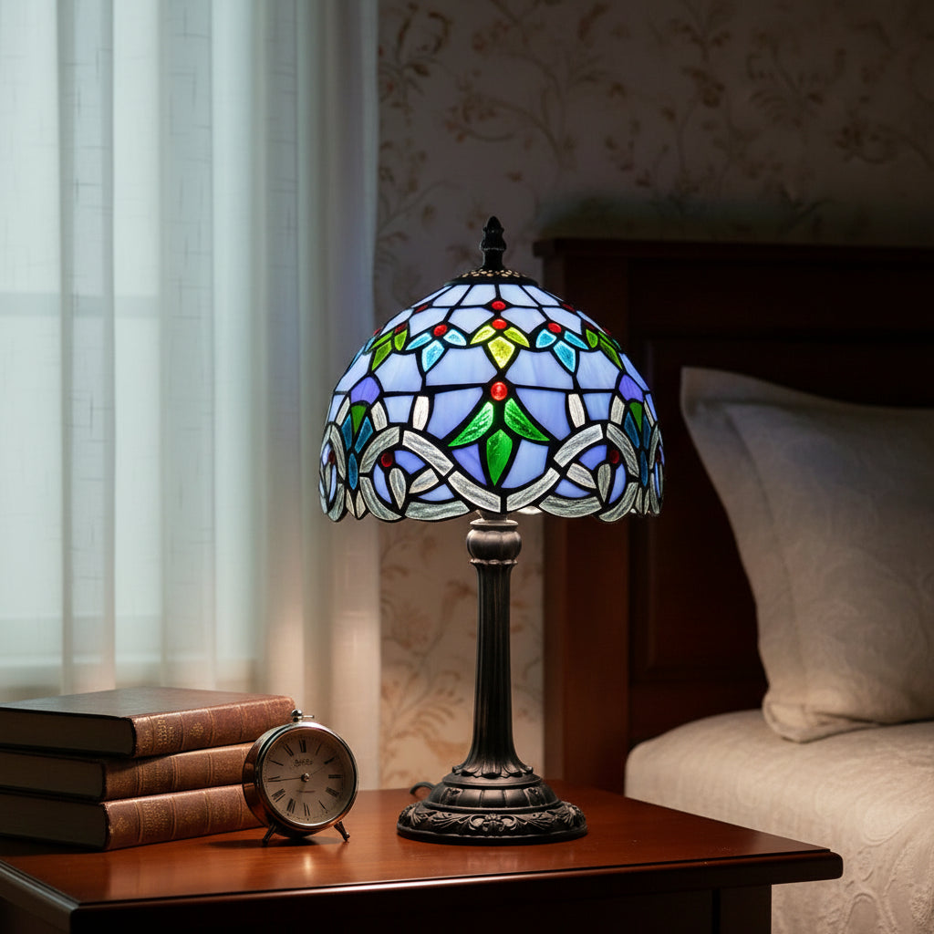 Lampe de Table Style Tiffany à Vitrail Floral Bleu