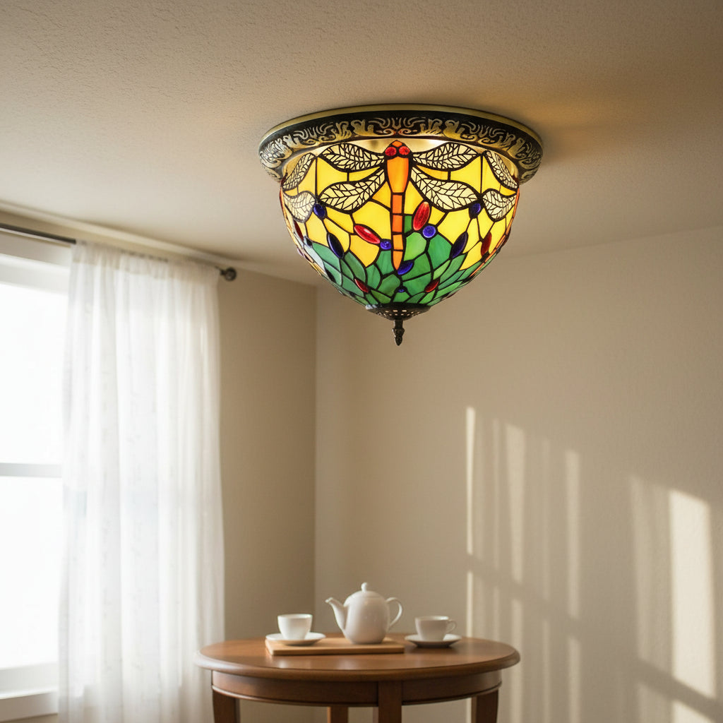 Plafonnier Style Tiffany Libellule en Verre Teinté