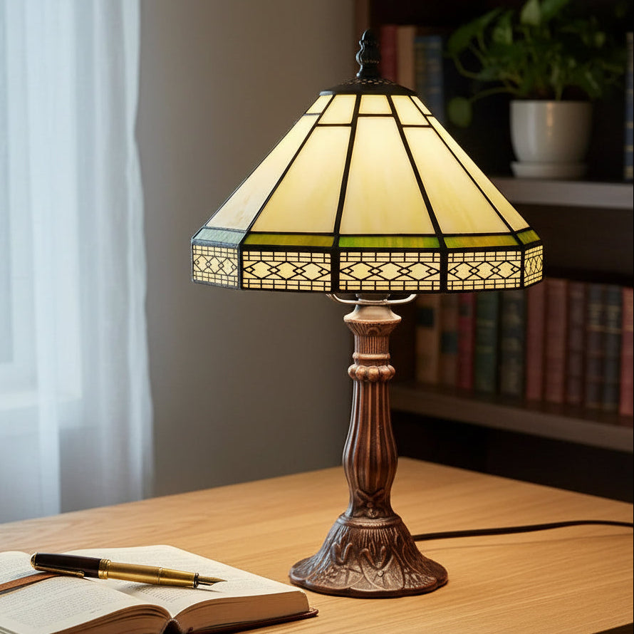 Lampe à Poser Tiffany en Vitrail Jaune et Vert