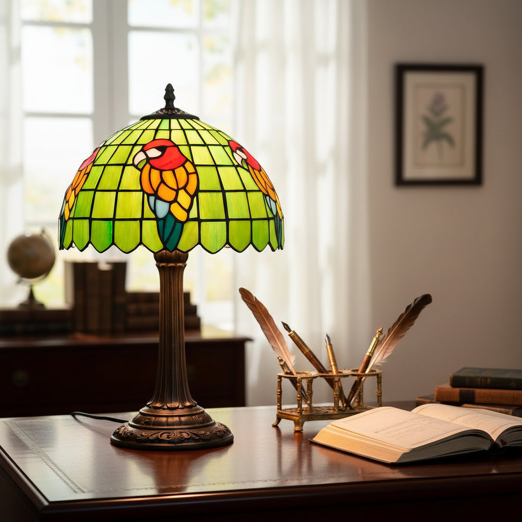 Lampe de Table Tiffany à Perroquets en Verre Teinté