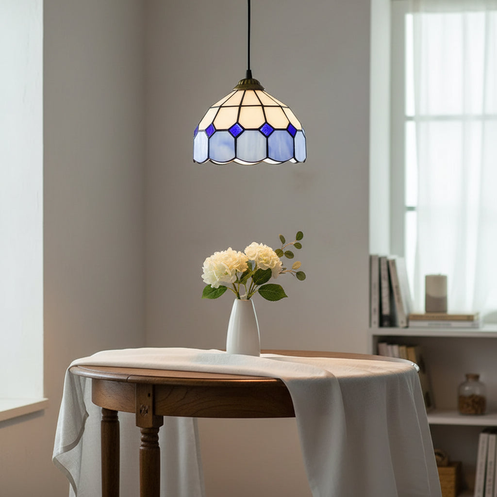 Suspension Luminaire Tiffany Géométrique Blanche et Bleue
