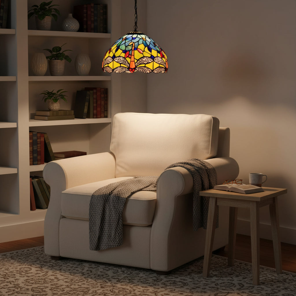 Suspension Tiffany en Vitrail Libellule Jaune Bleu