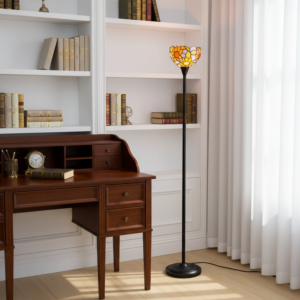 Lampadaire Tiffany Floral en Verre Jaune et Orange