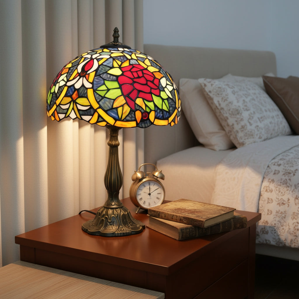 Lampe de Table Style Tiffany en Vitrail Rose Rouge