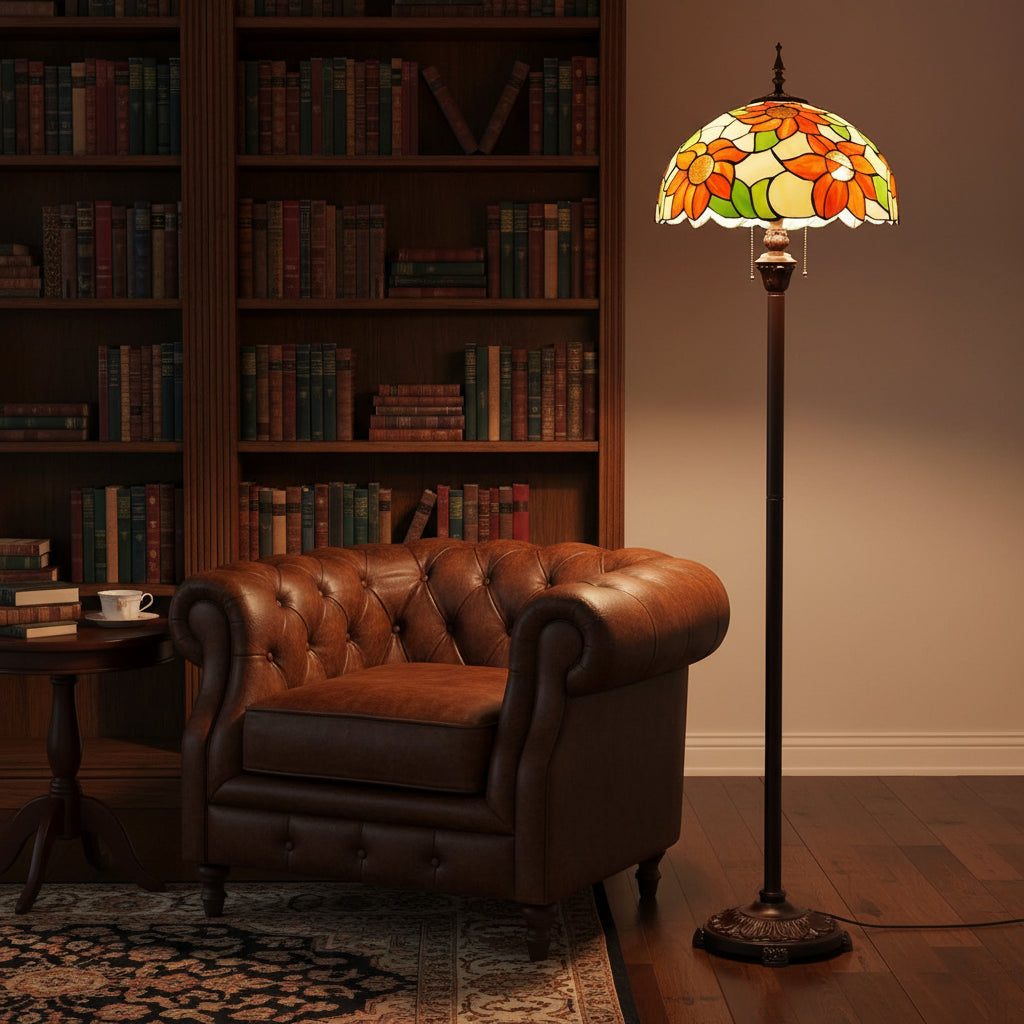 Lampadaire de Style Tiffany en Verre à Fleurs Oranges