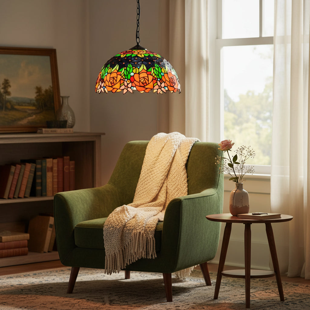 Suspension Tiffany à Vitrail de Roses Multicolores Ø40cm
