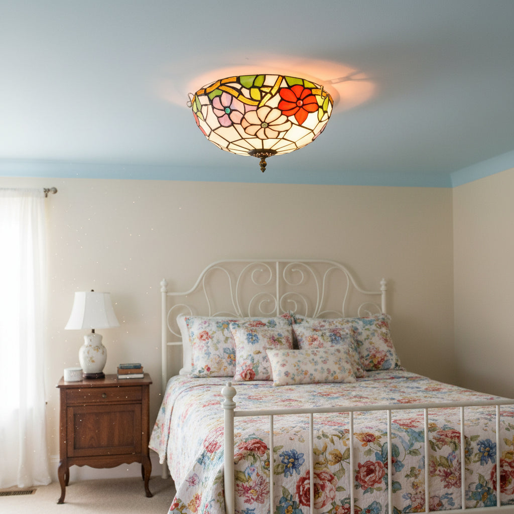 Plafonnier en Vitrail Floral Multicolore Style Tiffany