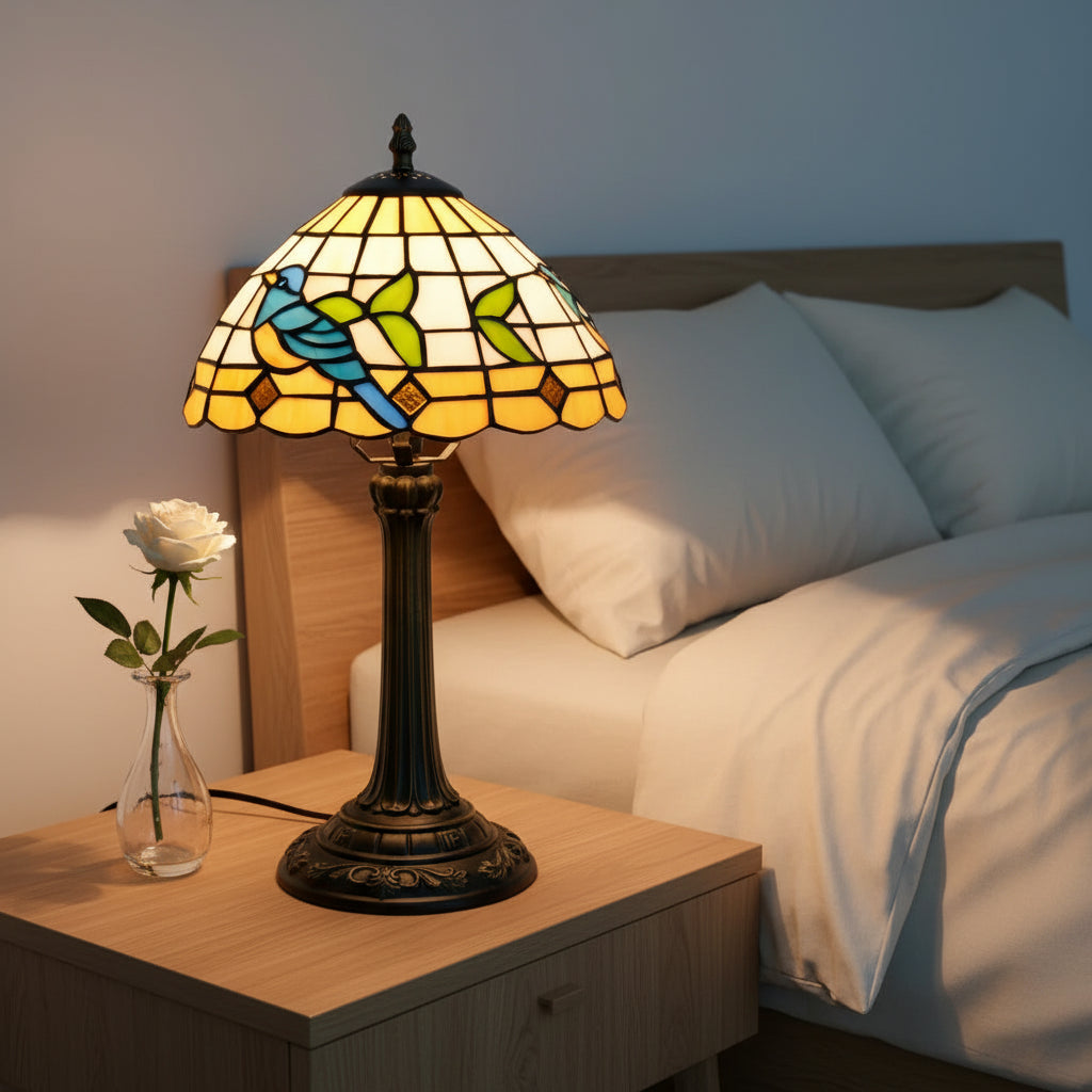 Lampe Tiffany en Vitrail à Motif Oiseau Bleu et Feuilles