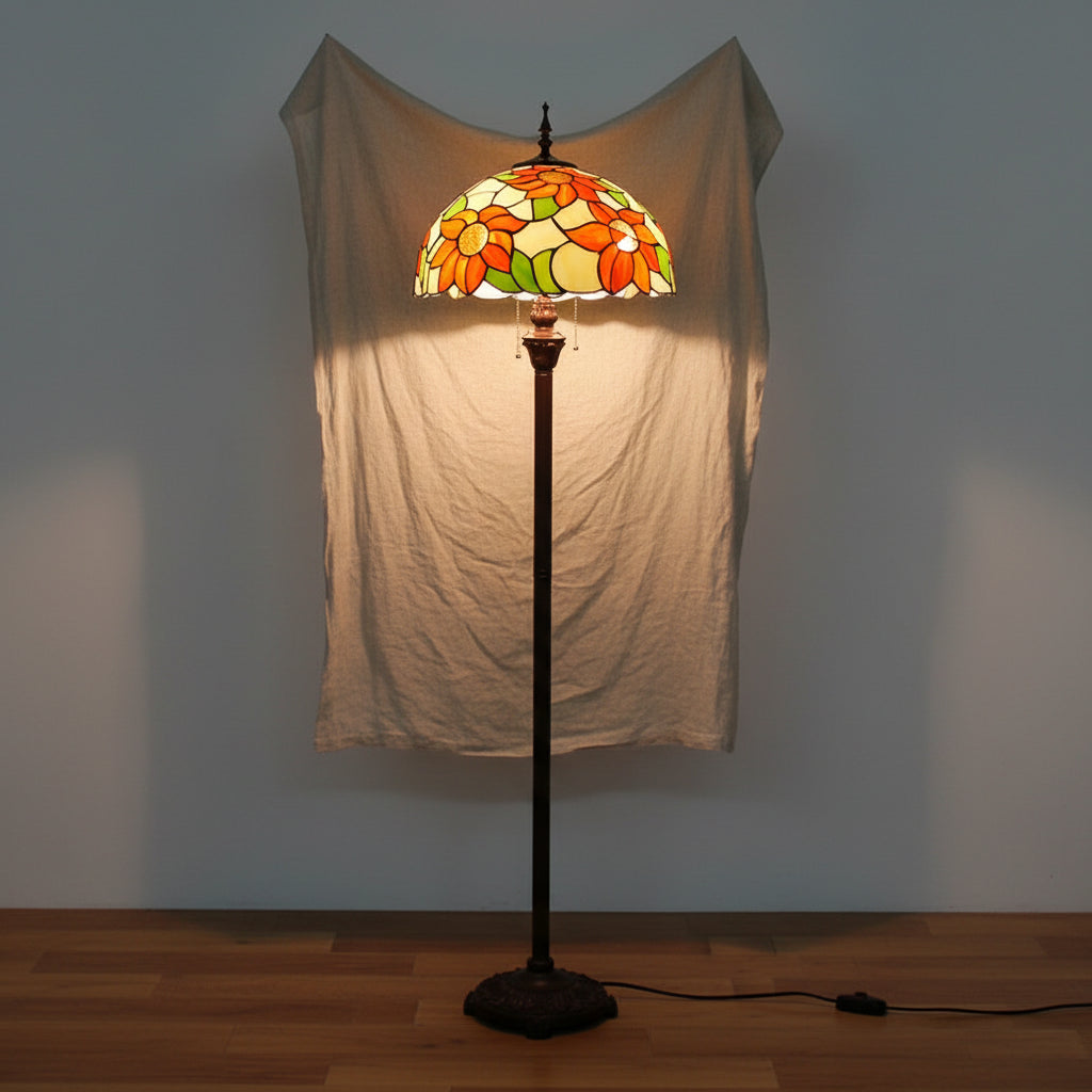 Lampadaire de Style Tiffany en Verre à Fleurs Oranges
