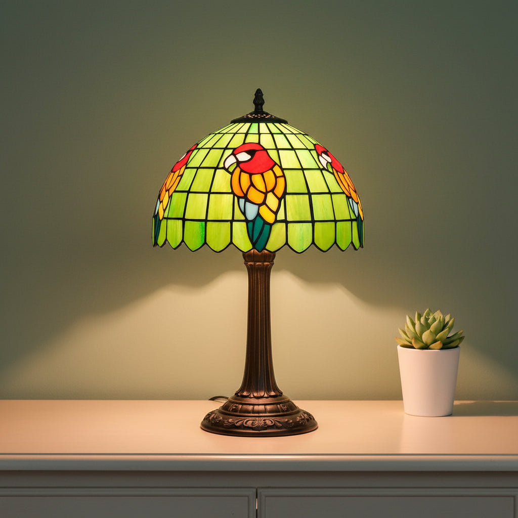 Lampe de Table Tiffany à Perroquets en Verre Teinté