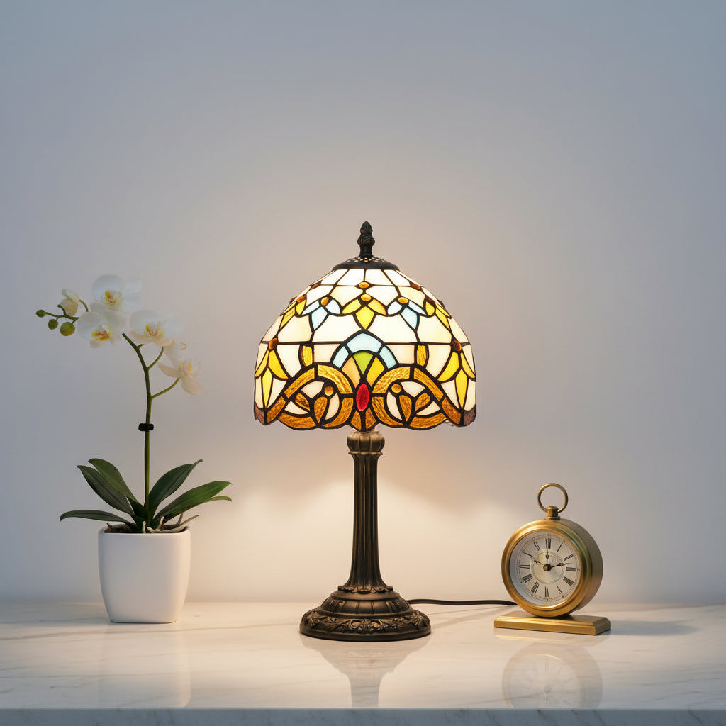 Lampe de Table Tiffany en Vitrail Jaune et Bleu