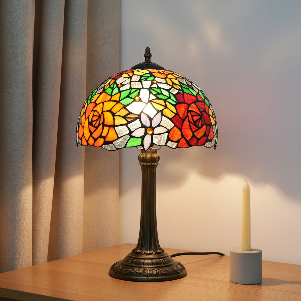 Lampe de Table en Vitrail Style Tiffany Roses