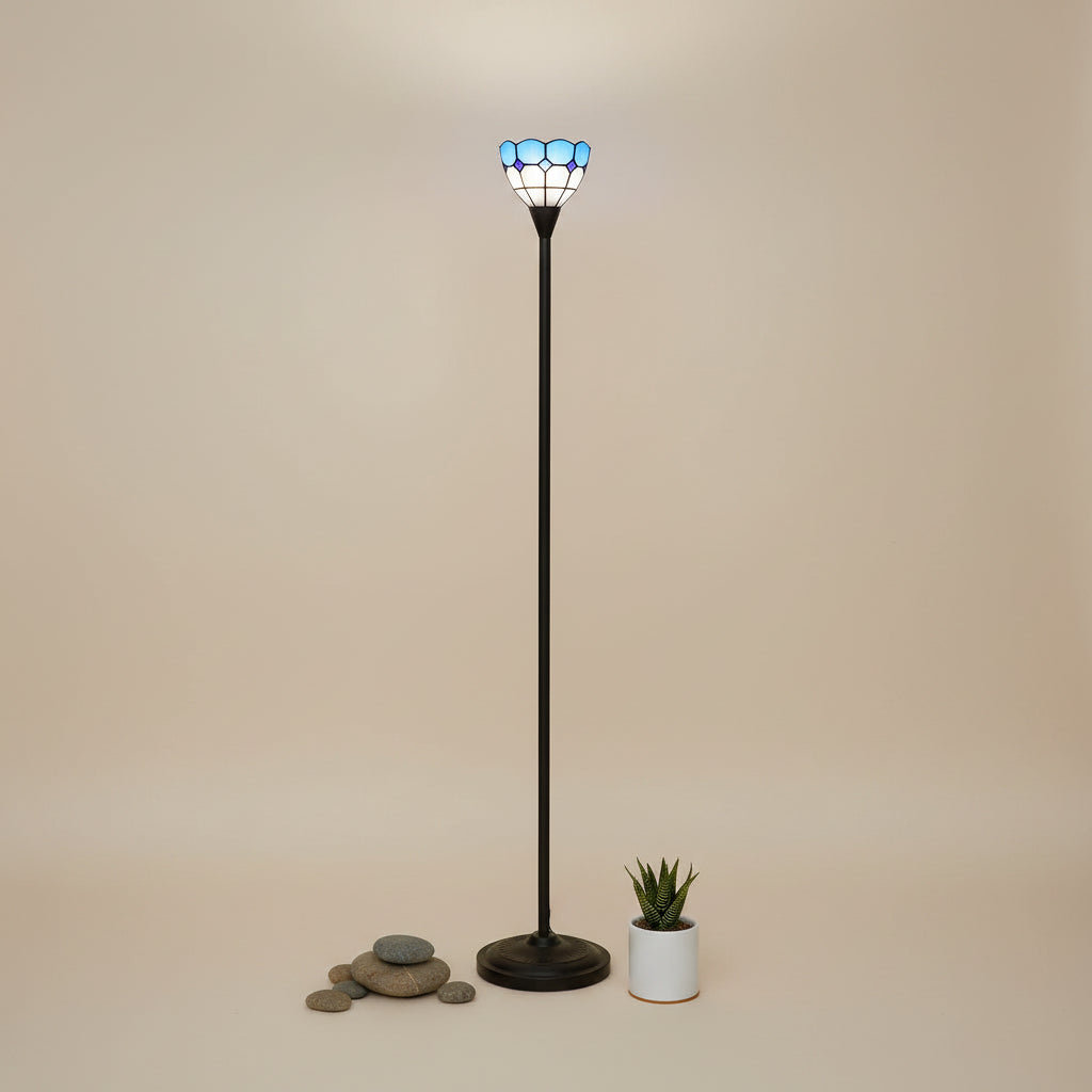 Lampadaire en Vitrail Bleu et Blanc à Forme de Tulipe