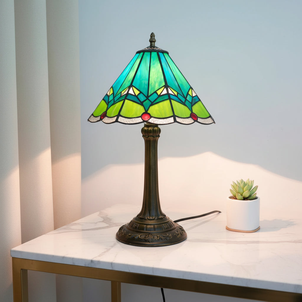 Lampe de Table en Vitrail Style Tiffany Vert Géométrique