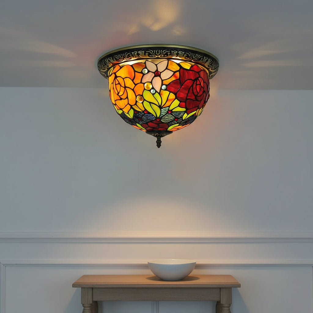 Plafonnier Tiffany Floral en Verre et Fer Forgé