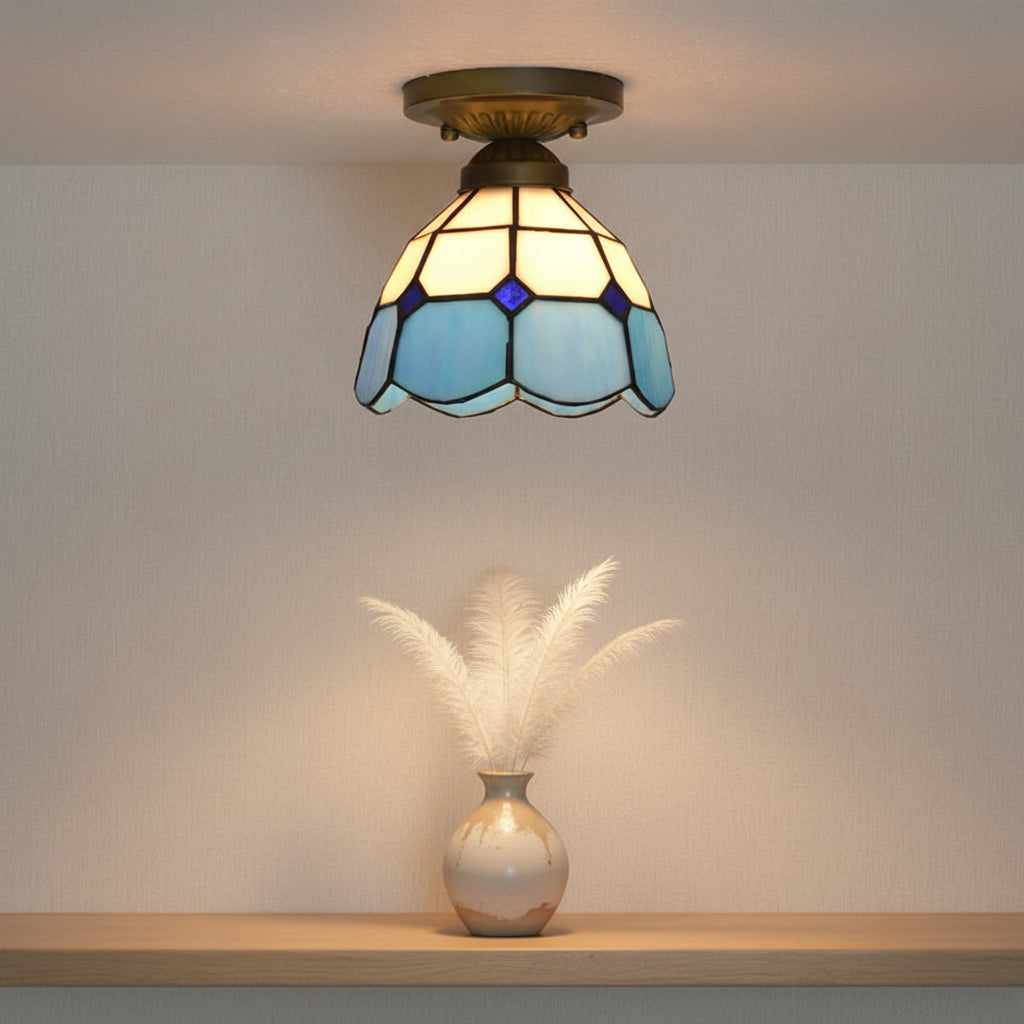 Plafonnier Style Tiffany en Verre Teinté Bleu et Blanc