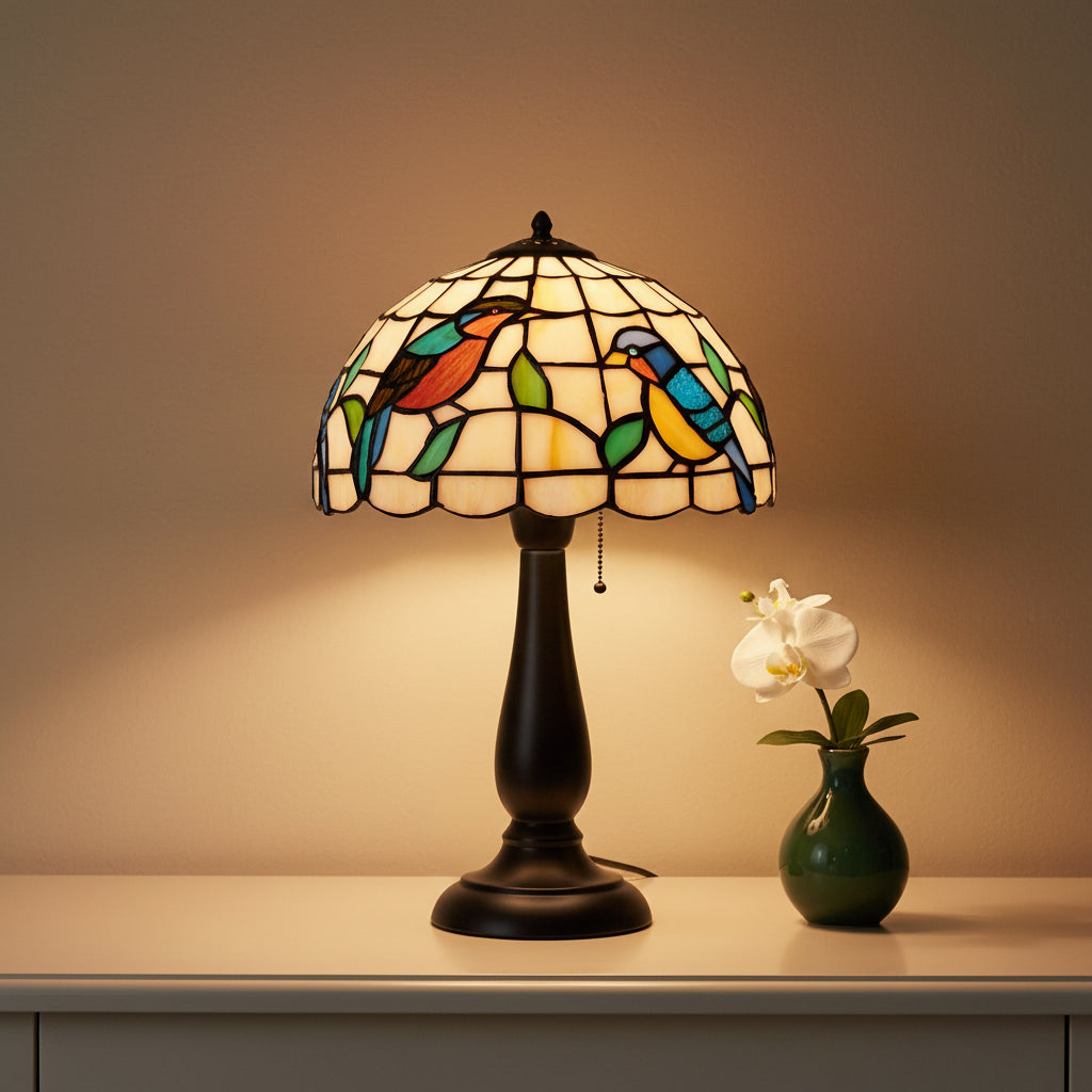 Abat-Jour en Verre Teinté Style Tiffany Oiseaux