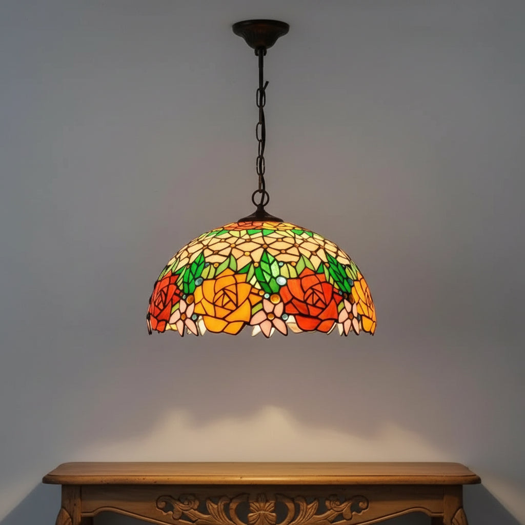 Suspension Style Tiffany en Vitrail à Roses Ø40cm