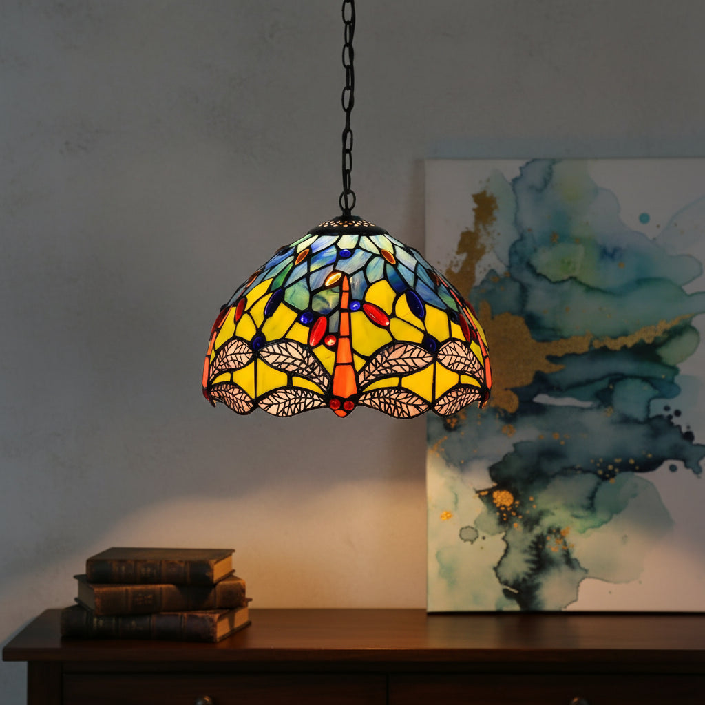 Suspension Tiffany en Vitrail Libellule Jaune Bleu