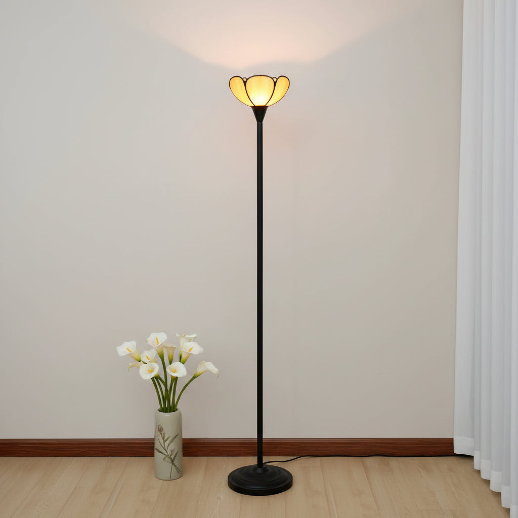 Lampadaire à Abat-jour Floral en Verre Ambré