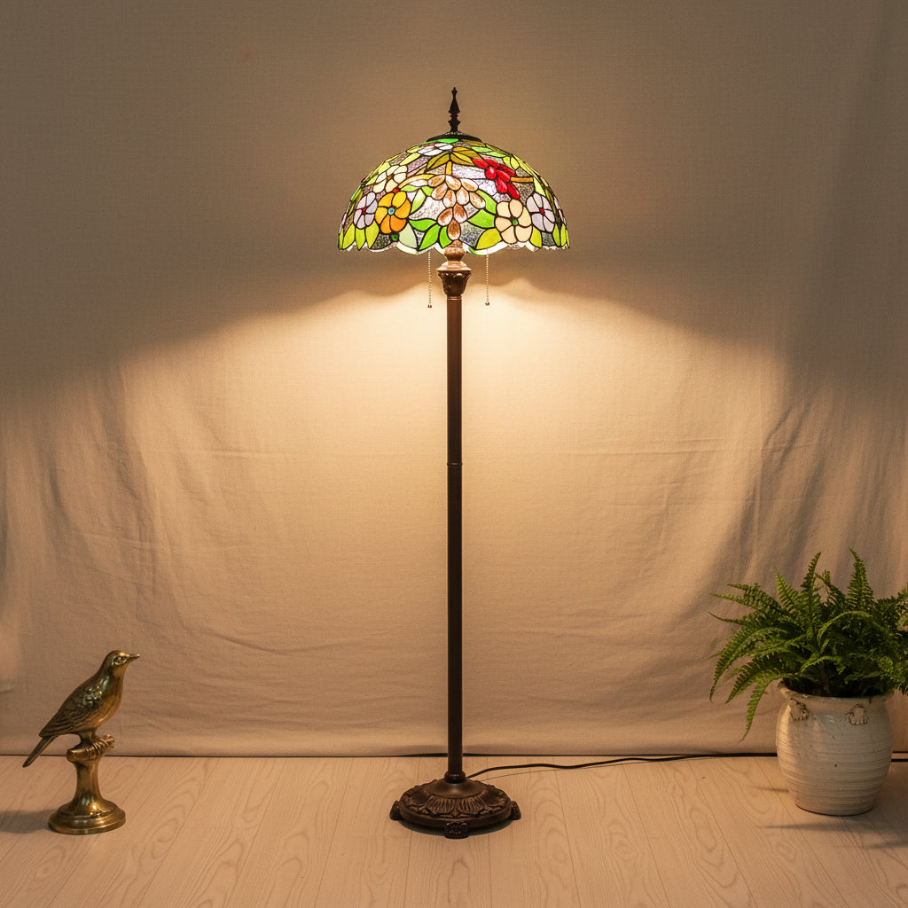 Lampadaire Style Tiffany en Verre Fleurs et Fruits