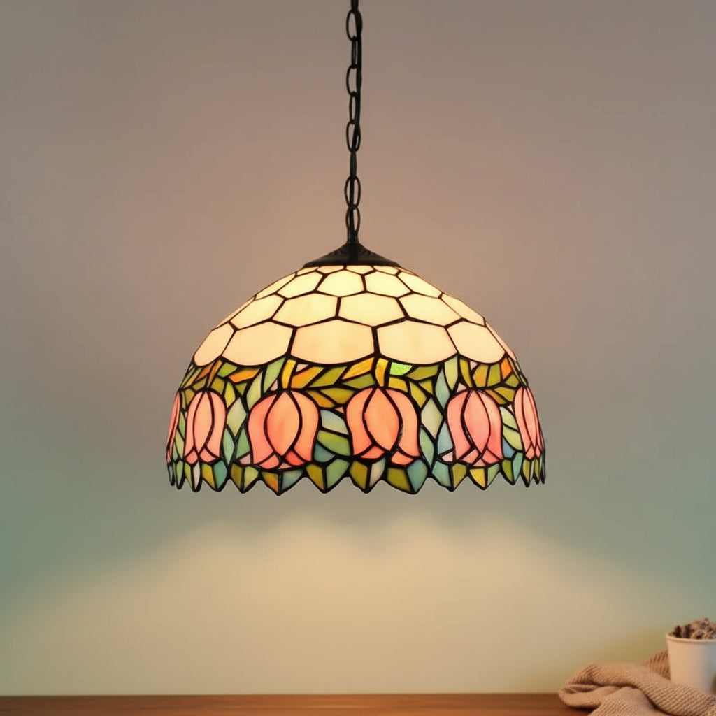 Suspension Tiffany à Tulipes Roses en Verre 30cm