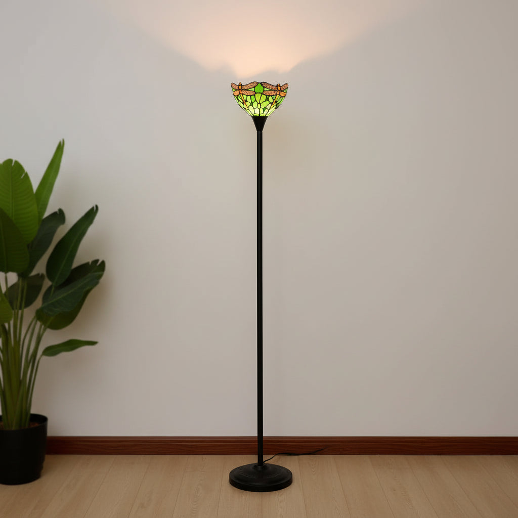 Lampadaire Style Tiffany en Vitrail à Libellules Vertes