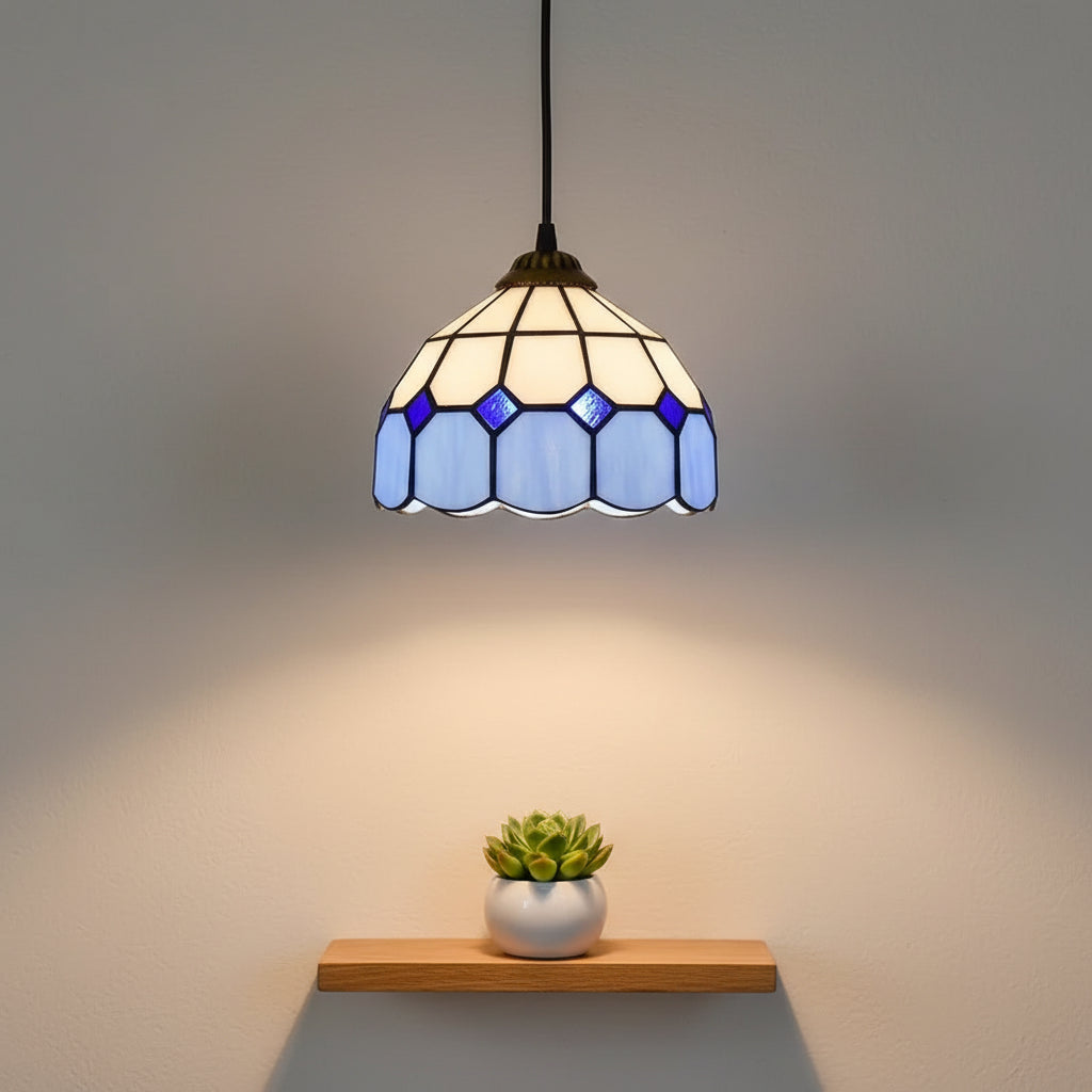 Suspension Luminaire Tiffany Géométrique Blanche et Bleue
