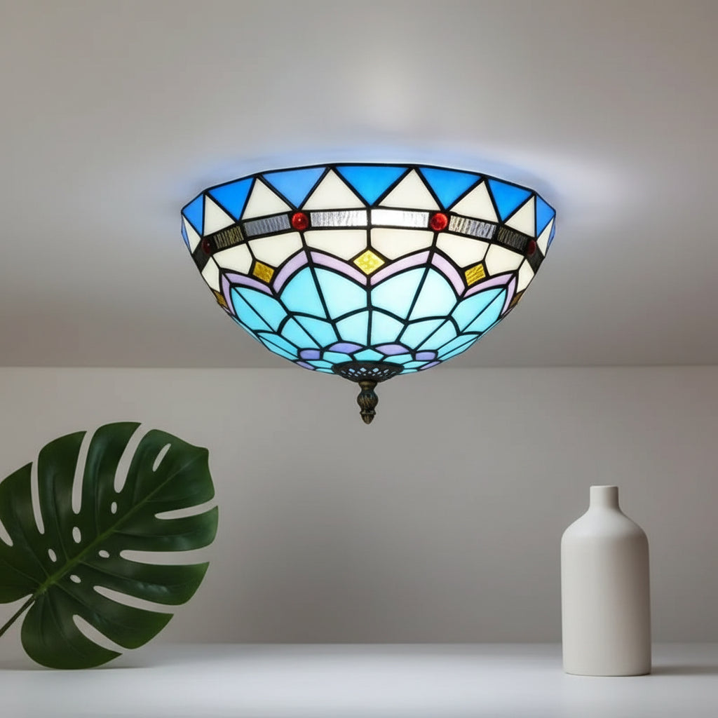 Plafonnier Dôme en Vitrail Tiffany Bleu Géométrique