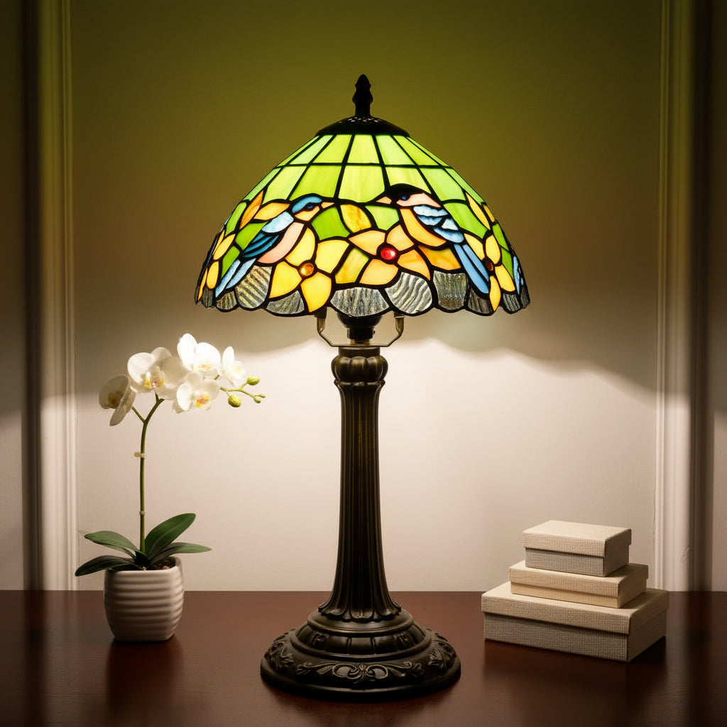 Lampe de Table Tiffany en Vitrail Oiseaux et Fleurs