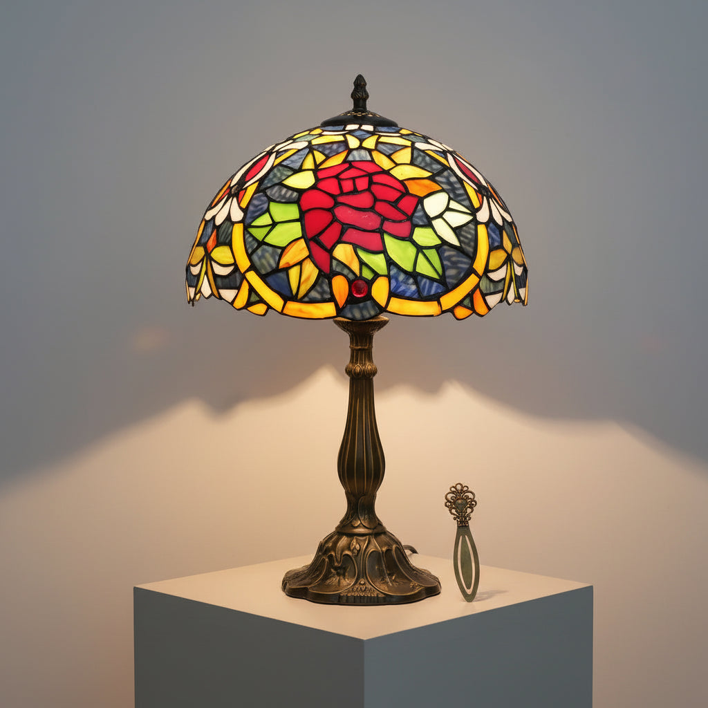 Lampe de Table Style Tiffany en Vitrail Rose Rouge