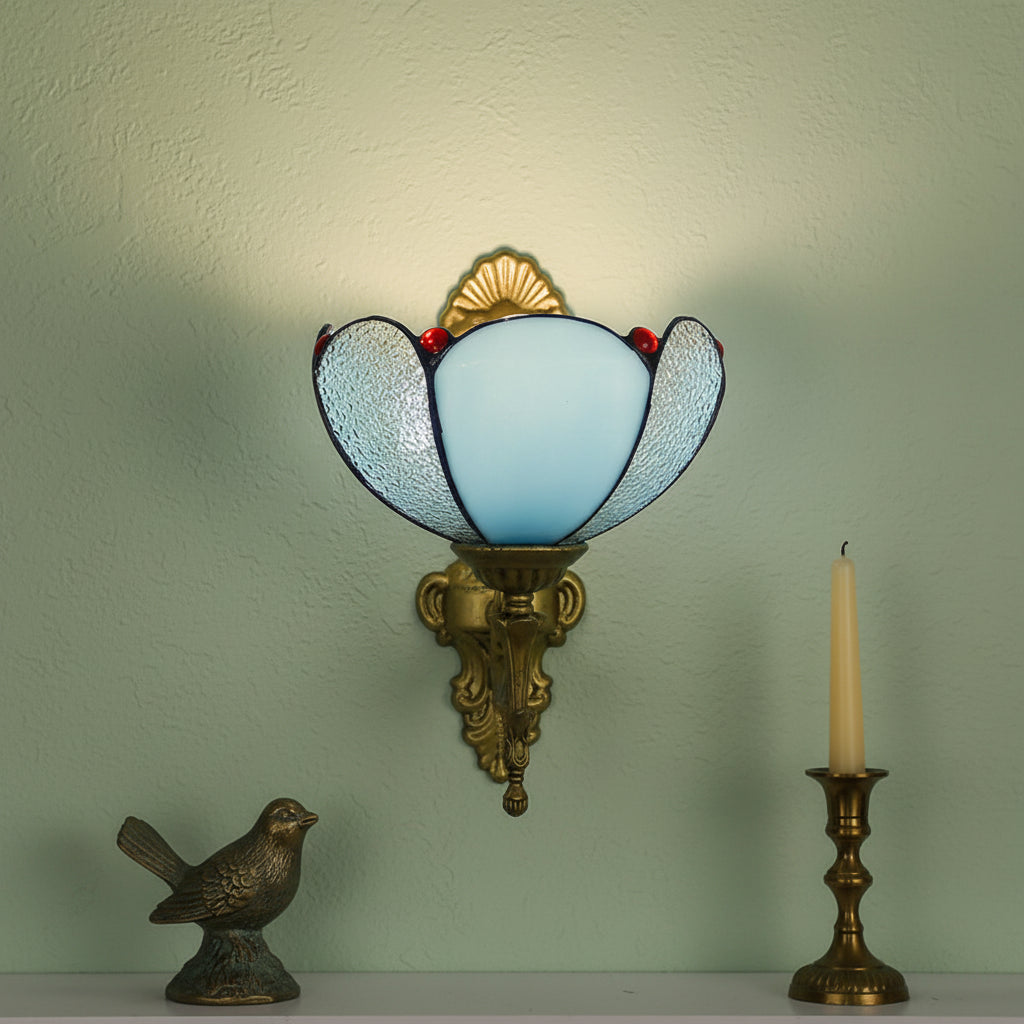 Applique Murale Vintage en Verre Opale Bleu et Laiton Antique