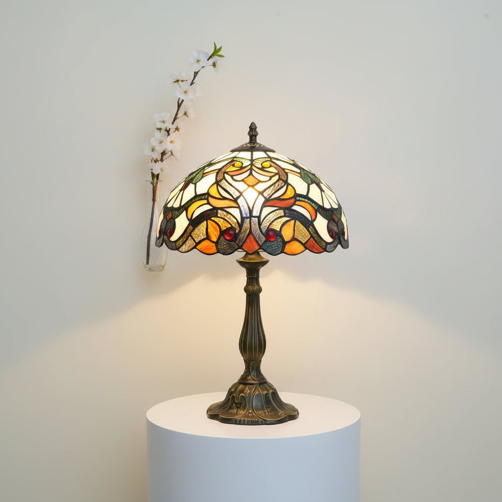 Lampe de Table Tiffany en Vitrail Ambre et Rouge